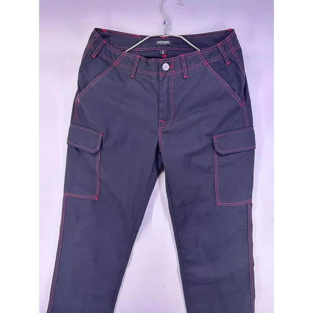 True Religion Jet Black Cargo Jeans Red Accents Size 32